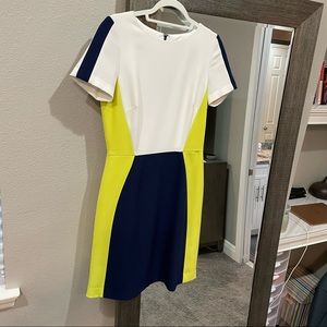 Tahari ASL White, Blue and Yellow Dress Size 4